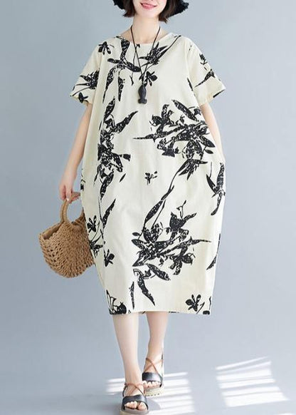 O Neck Pockets Cotton Summer Dresses Pattern Beige Print Dress