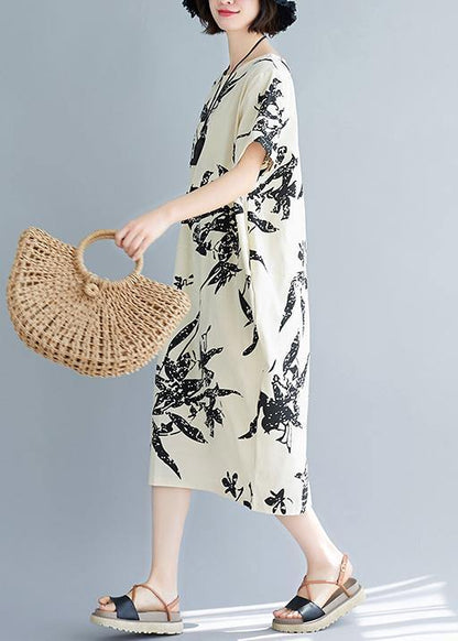 O Neck Pockets Cotton Summer Dresses Pattern Beige Print Dress