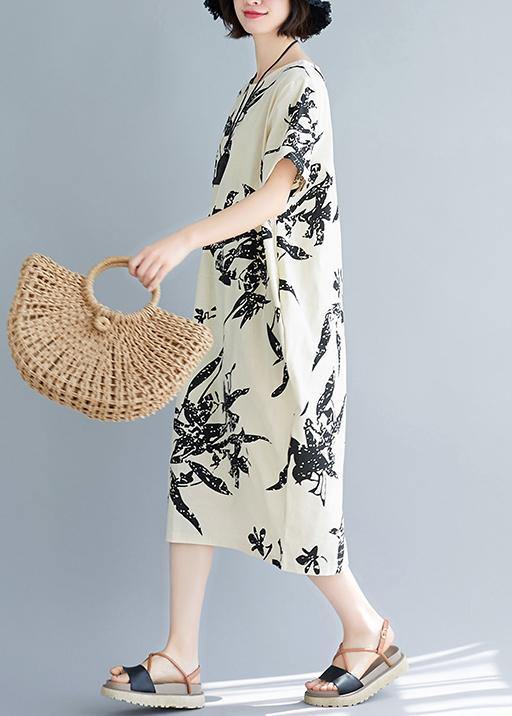 O Neck Pockets Cotton Summer Dresses Pattern Beige Print Dress