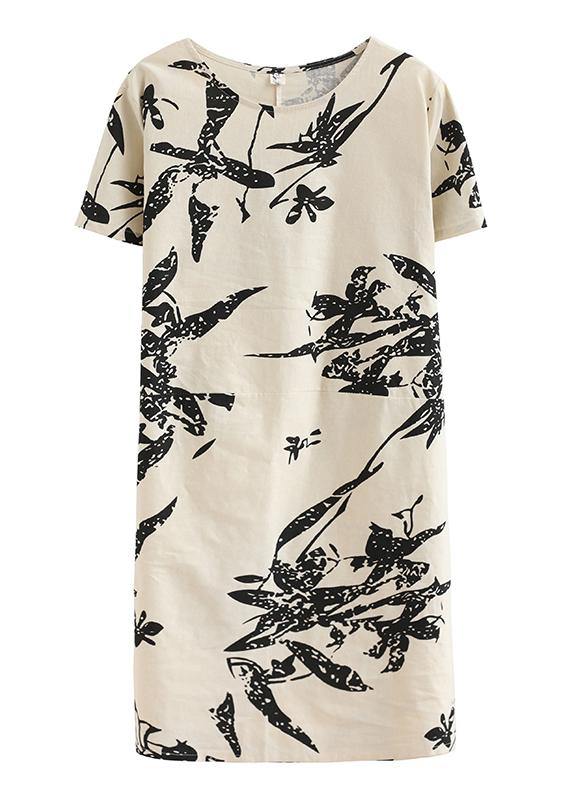 O Neck Pockets Cotton Summer Dresses Pattern Beige Print Dress