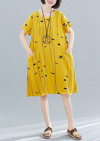 O Neck Pockets Cotton Tunic Dress Fabrics Yellow Print Dresses Summer