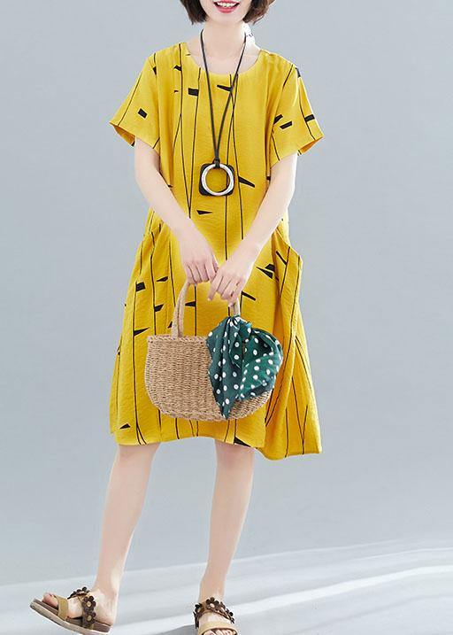 O Neck Pockets Cotton Tunic Dress Fabrics Yellow Print Dresses Summer