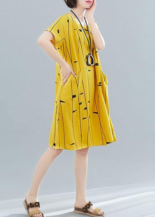 O Neck Pockets Cotton Tunic Dress Fabrics Yellow Print Dresses Summer