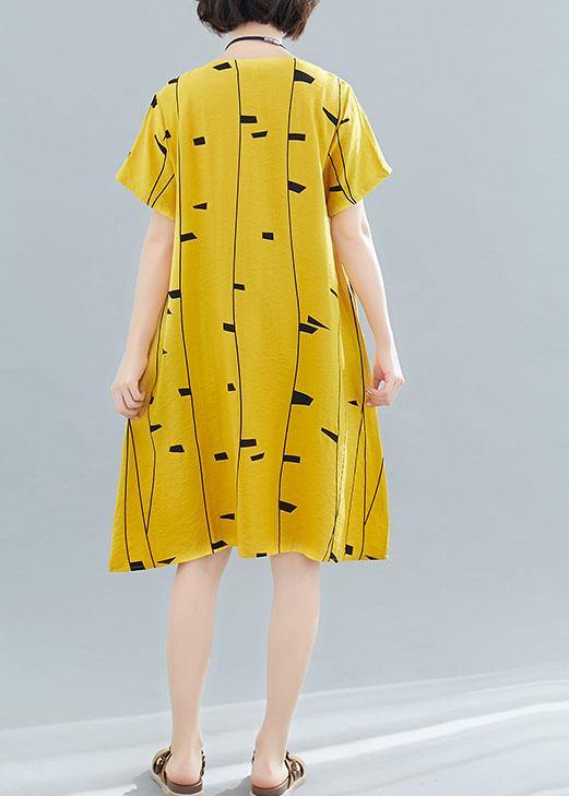 O Neck Pockets Cotton Tunic Dress Fabrics Yellow Print Dresses Summer