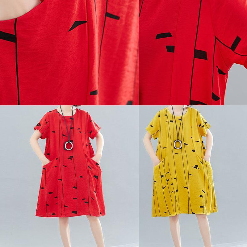 O Neck Pockets Cotton Tunic Dress Fabrics Yellow Print Dresses Summer