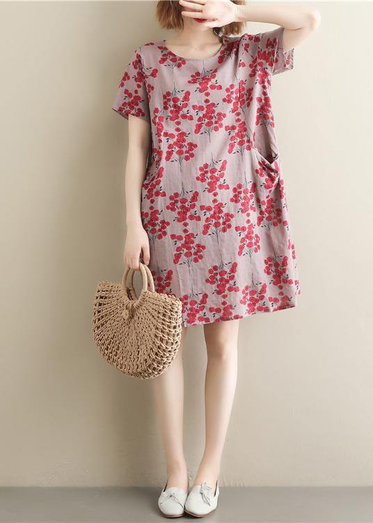 O Neck Pockets Cotton Tunics for Outfits Red Print Dress Summer