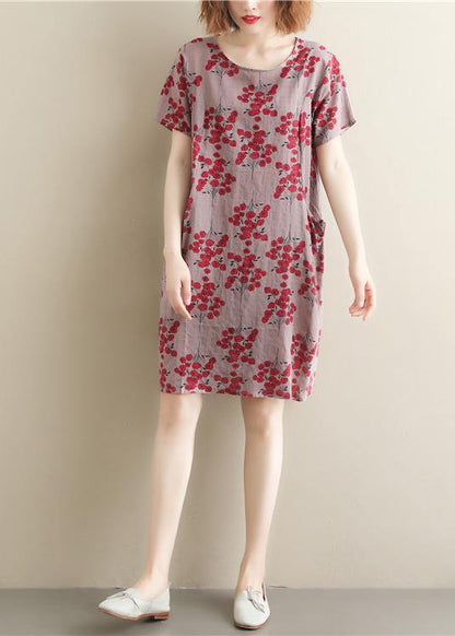 O Neck Pockets Cotton Tunics for Outfits Red Print Dress Summer