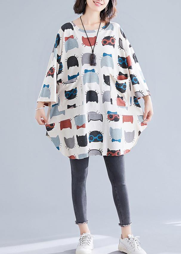 O Neck Pockets Cotton Clothes for Wardrobes Beige Print Top