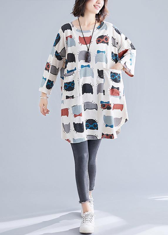 O Neck Pockets Cotton Clothes for Wardrobes Beige Print Top