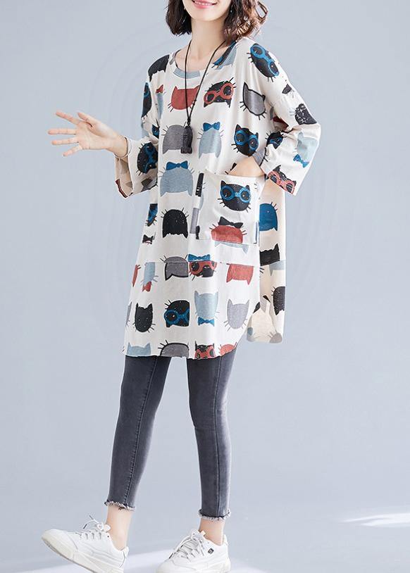 O Neck Pockets Cotton Clothes for Wardrobes Beige Print Top