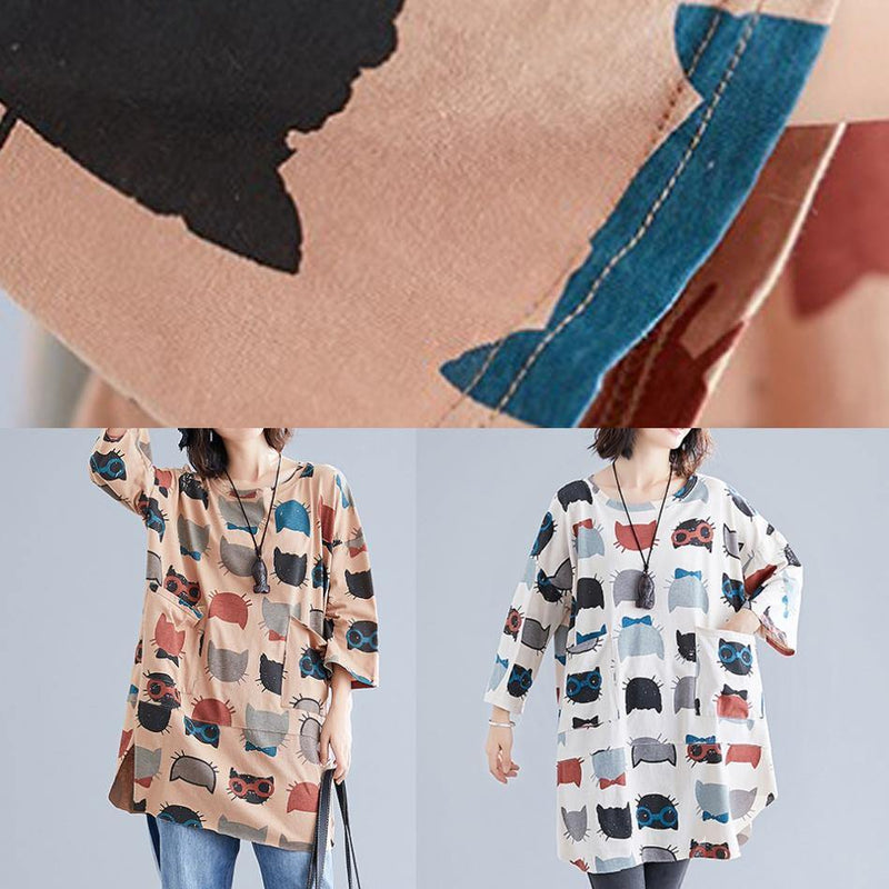 O Neck Pockets Cotton Clothes for Wardrobes Beige Print Top