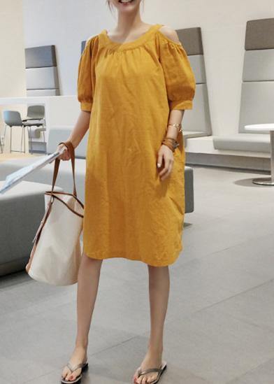 O Neck Pockets Cotton Linen Summer Dress Inspiration Yellow Dresses