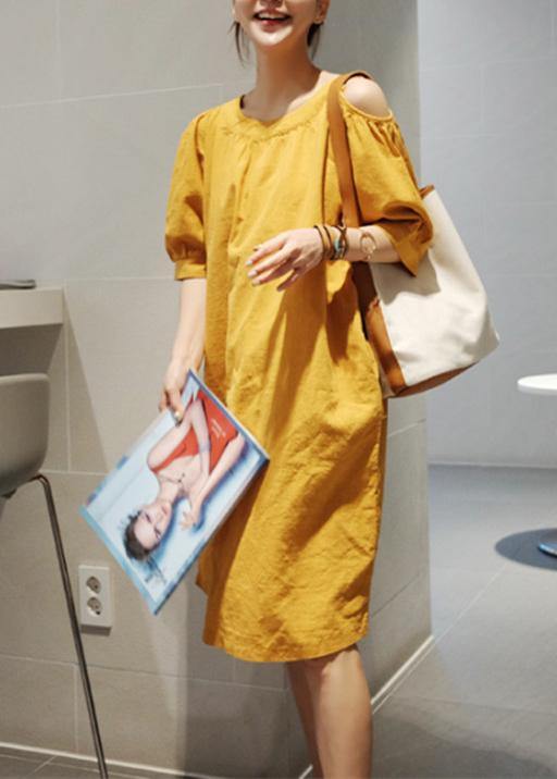 O Neck Pockets Cotton Linen Summer Dress Inspiration Yellow Dresses