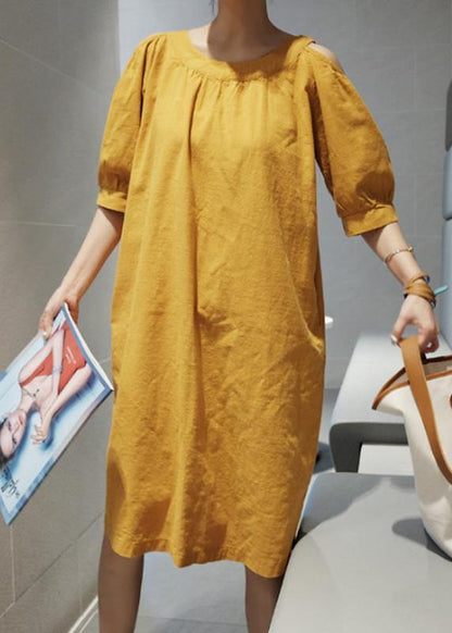 O Neck Pockets Cotton Linen Summer Dress Inspiration Yellow Dresses