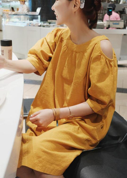 O Neck Pockets Cotton Linen Summer Dress Inspiration Yellow Dresses
