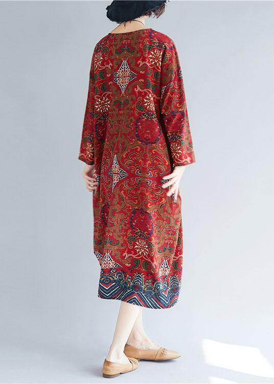 O Neck Pockets Linen Robes Inspiration Red Print Dress