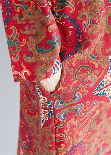 O Neck Pockets Linen Robes Inspiration Red Print Dress