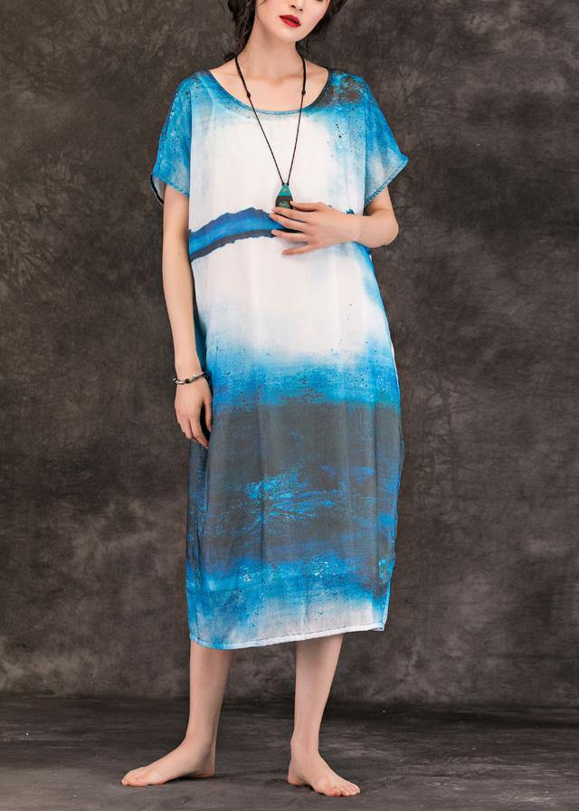 O Neck Pockets Linen Clothes for Online Shopping Blue Print Dresses Summer