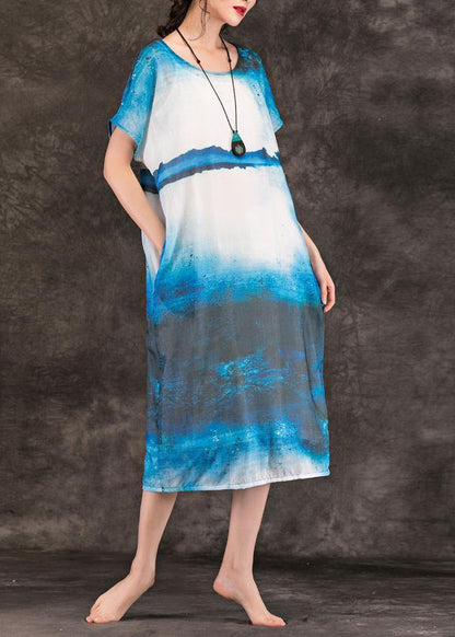 O Neck Pockets Linen Clothes for Online Shopping Blue Print Dresses Summer