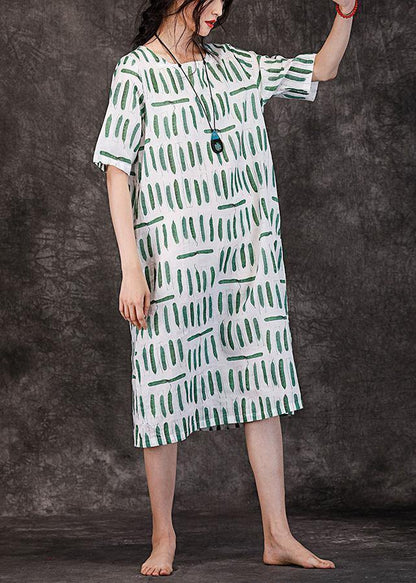 O Neck Pockets Linen Clothes Wardrobes Green Striped Dresses Summer