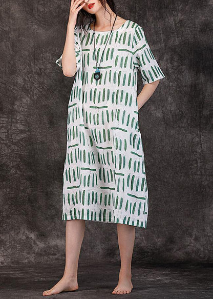 O Neck Pockets Linen Clothes Wardrobes Green Striped Dresses Summer