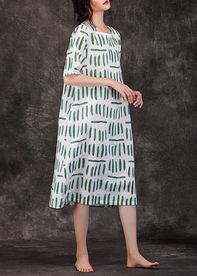 O Neck Pockets Linen Clothes Wardrobes Green Striped Dresses Summer