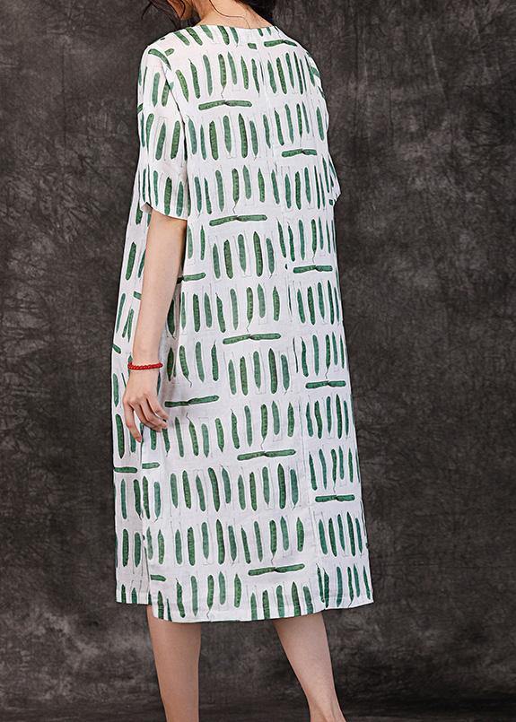 O Neck Pockets Linen Clothes Wardrobes Green Striped Dresses Summer