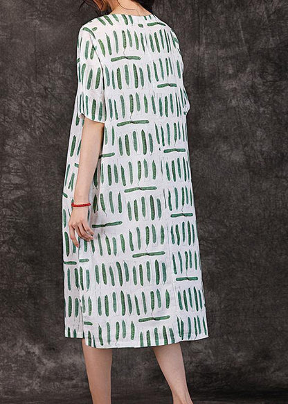 O Neck Pockets Linen Clothes Wardrobes Green Striped Dresses Summer