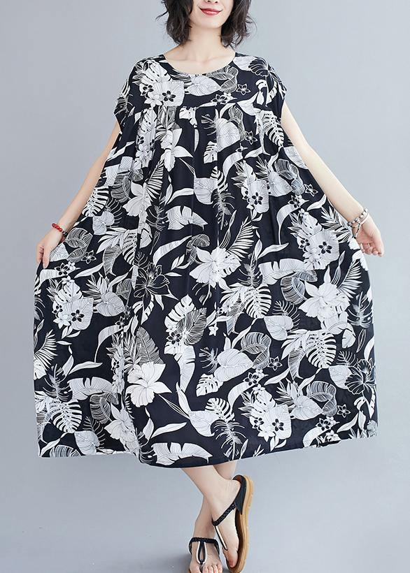 O Neck Pockets Summer Quilting Dresses Runway Black Print Dress