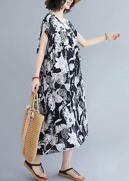 O Neck Pockets Summer Quilting Dresses Runway Black Print Dress