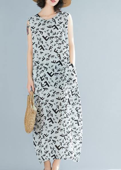 O Neck Sleeveless Cotton Summer Clothes Pattern White Print Art Dress