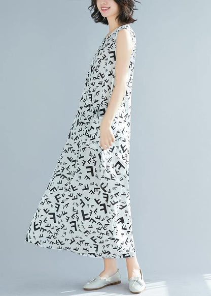 O Neck Sleeveless Cotton Summer Clothes Pattern White Print Art Dress