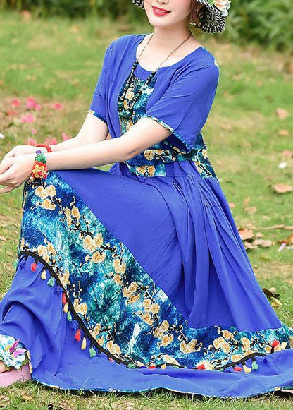 O Neck Tassel Cotton Long Shirts Design Blue Print Cotton Robes Dresses Summer