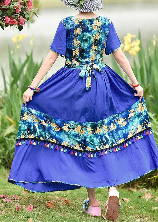 O Neck Tassel Cotton Long Shirts Design Blue Print Cotton Robes Dresses Summer