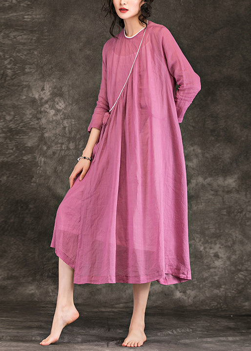 O Neck Tie Waist Linen Long Shirts Fine Shirts Pink Dress Summer