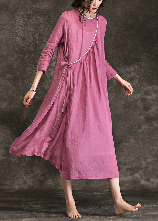 O Neck Tie Waist Linen Long Shirts Fine Shirts Pink Dress Summer