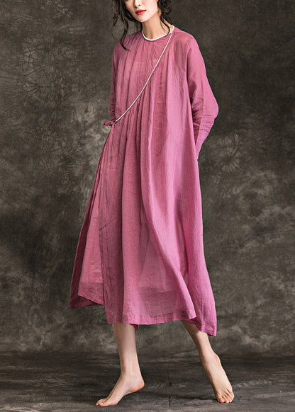 O Neck Tie Waist Linen Long Shirts Fine Shirts Pink Dress Summer