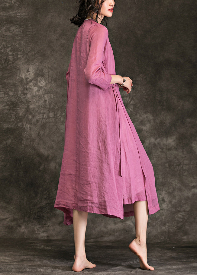 O Neck Tie Waist Linen Long Shirts Fine Shirts Pink Dress Summer