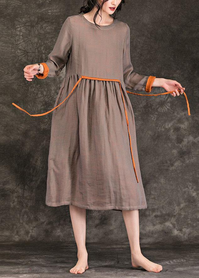 O Neck Tie Waist Cinched Linen Wardrobes Brown Dress Spring
