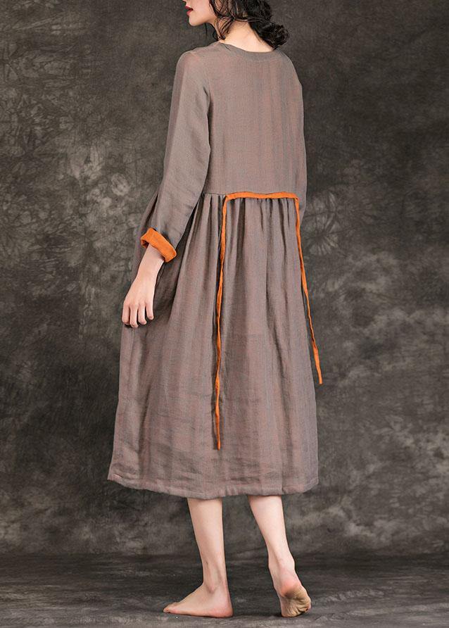 O Neck Tie Waist Cinched Linen Wardrobes Brown Dress Spring
