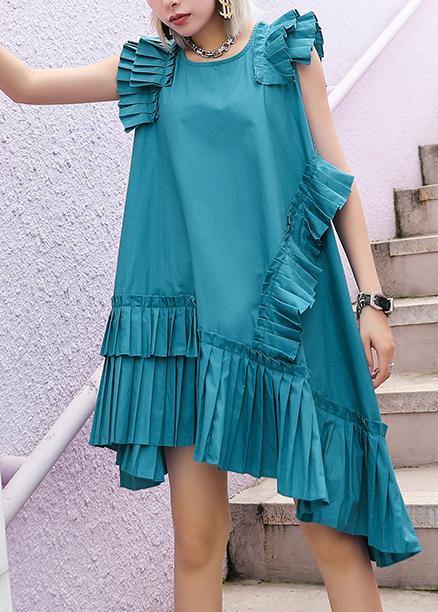 O Neck Cinched Cotton Wardrobes Blue Green Dresses