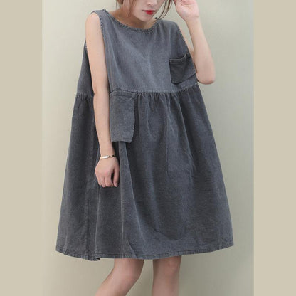 O Neck Cinched Cotton Dresses Fabrics Denim Gray Dresses