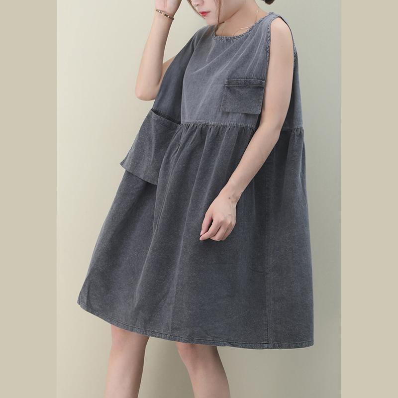 O Neck Cinched Cotton Dresses Fabrics Denim Gray Dresses