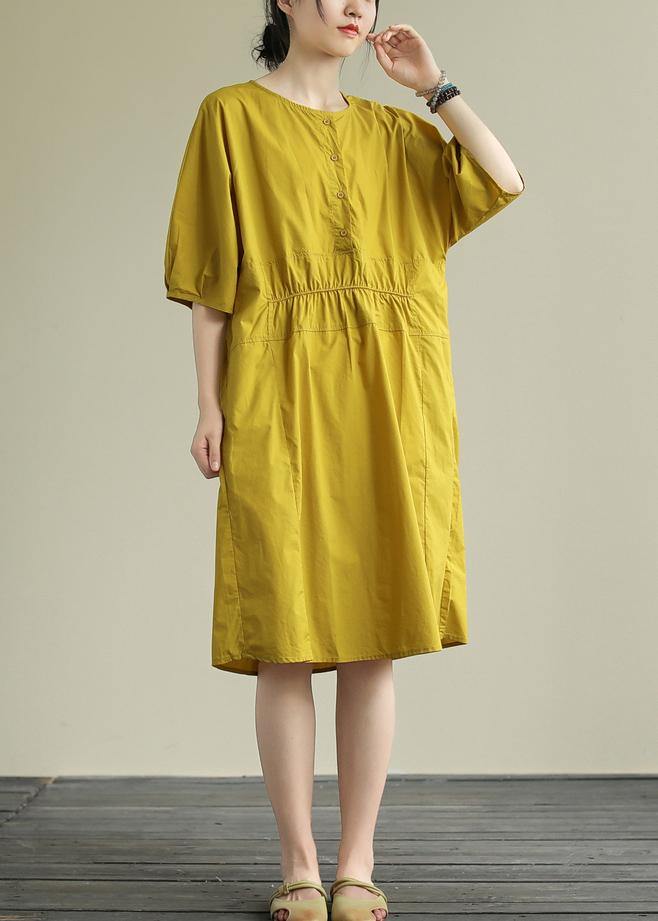 O Neck Cinched Cotton Summe Routfit Catwalk Yellow Dress
