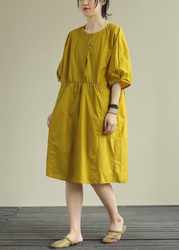 O Neck Cinched Cotton Summe Routfit Catwalk Yellow Dress