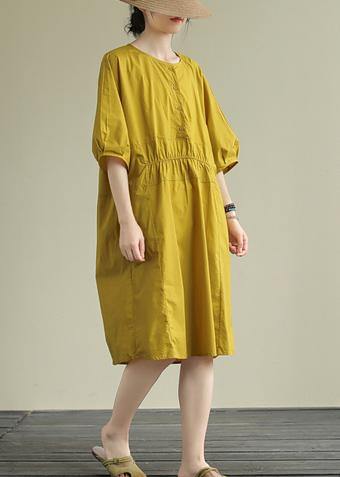 O Neck Cinched Cotton Summe Routfit Catwalk Yellow Dress