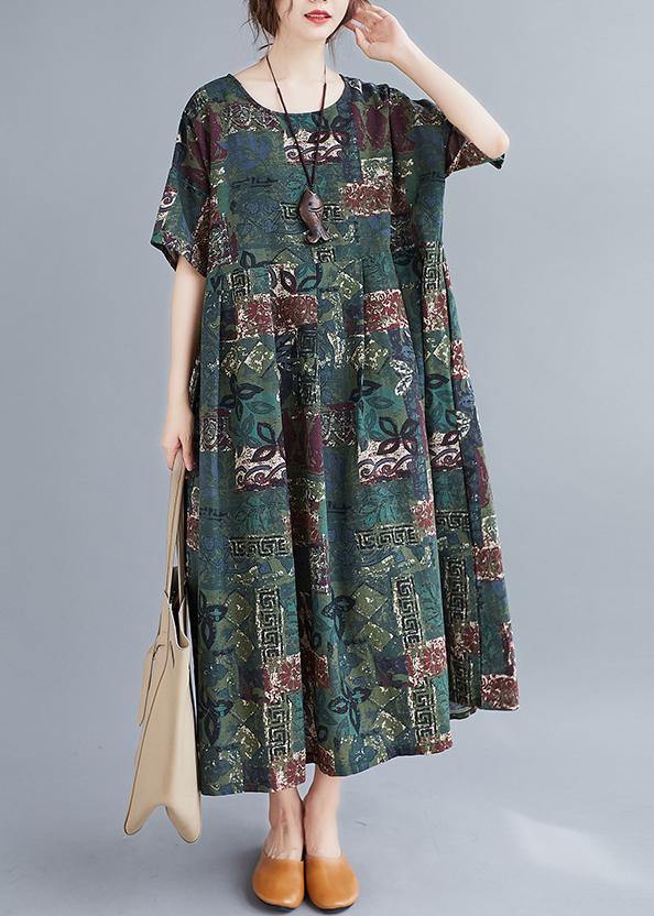 O Neck Cinched Clothes Catwalk Green Plant Printing Dress