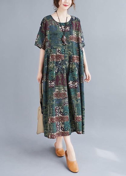 O Neck Cinched Clothes Catwalk Green Plant Printing Dress