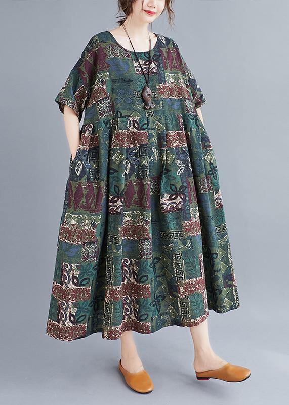 O Neck Cinched Clothes Catwalk Green Plant Printing Dress