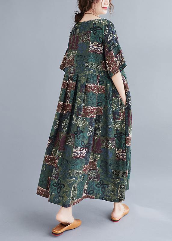 O Neck Cinched Clothes Catwalk Green Plant Printing Dress